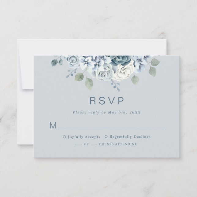 Cartons Réponse Dusty Blue Moderne Aquarelle Mariage Floral (Devant)