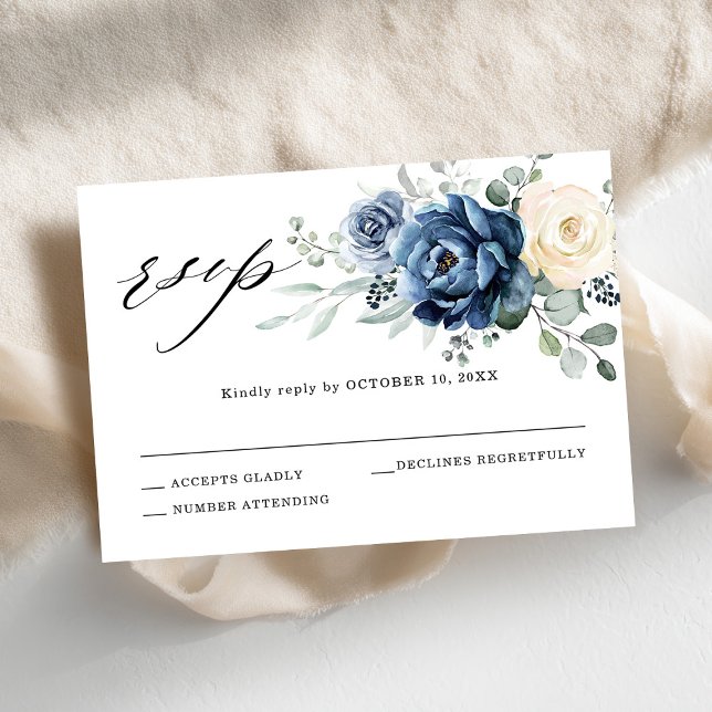Cartons Réponse Dusty Blue Navy Champagne Ivory Floral Mariage (Dusty Blue Navy Champagne Ivory Floral Wedding RSVP Card)