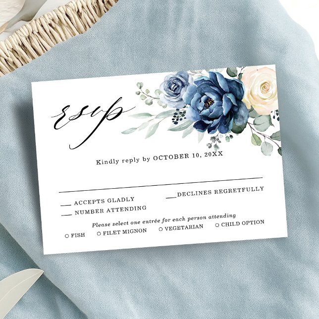 Cartons Réponse Dusty Blue Navy Champagne Ivory Floral Mariage RSV (Dusty Blue Navy Champagne Ivory Floral Wedding RSV RSVP Card)