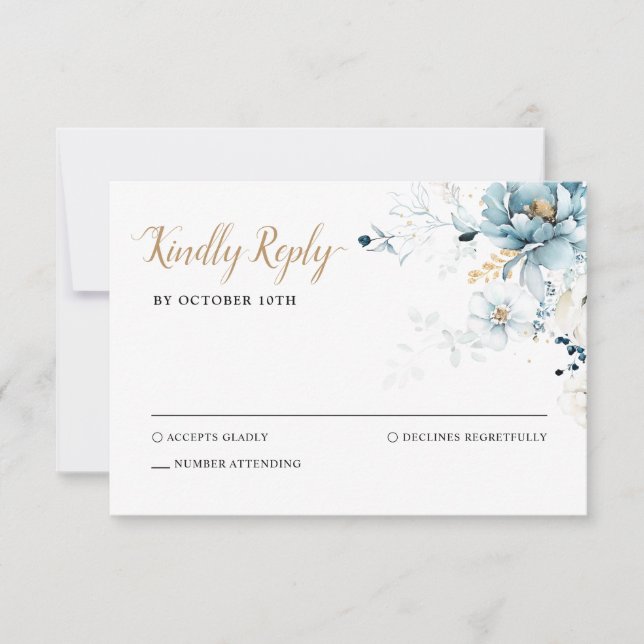 Cartons Réponse Dusty Blue Navy White Ivory Gold Floral Mariage (Devant)