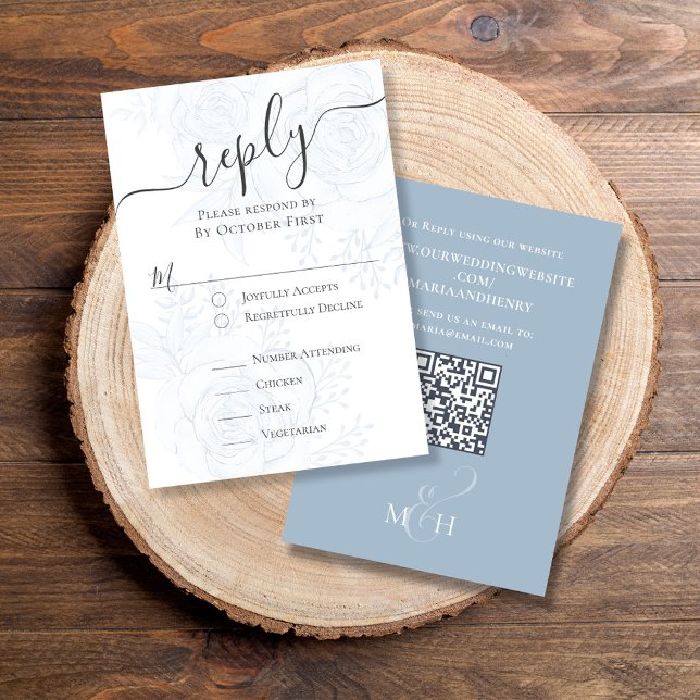 Cartons Réponse Dusty Blue QR Code Floral Classic Repas Choix (Classic RSVP card with elegant blue floral design with classic meal choice )