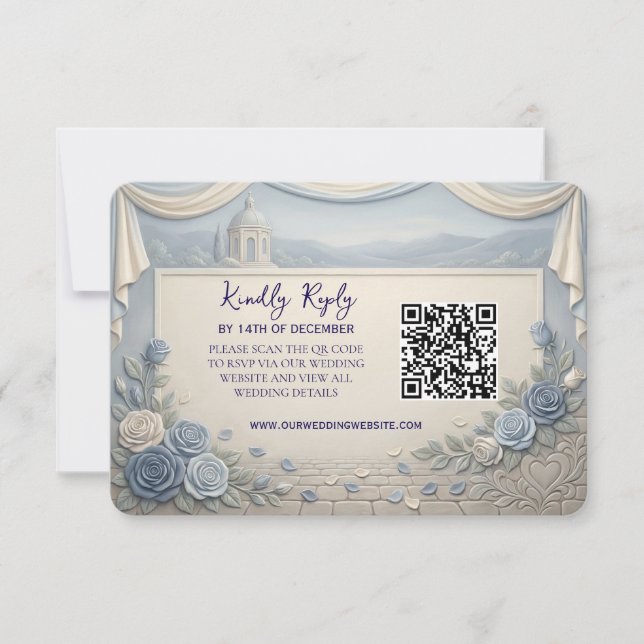 Cartons Réponse Dusty Blue Rose Romantic Wedding QR Code  (Devant)
