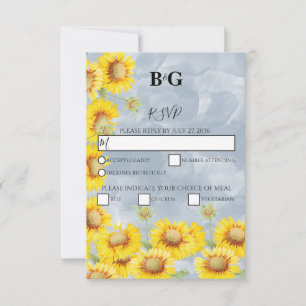 Cartons Réponse Dusty Blue Watercolor Sunflowers Monogram Mariage