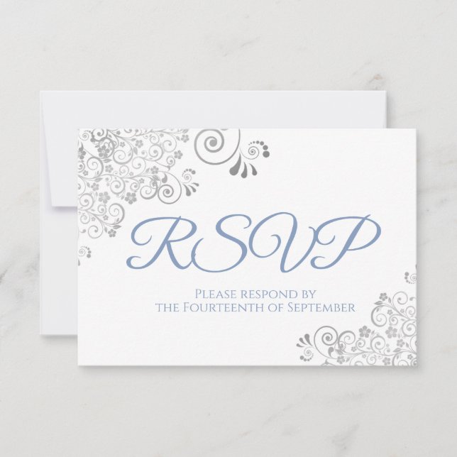 Cartons Réponse Dusty Blue & White Elegant Mariage en dentelle d'a (Devant)