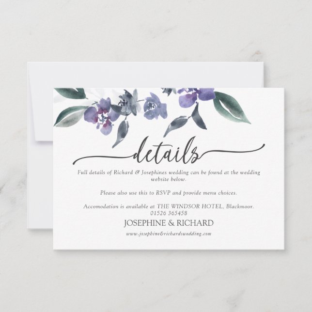 Cartons Réponse Dusty Purple Floral Garden Détails du mariage Cart (Devant)