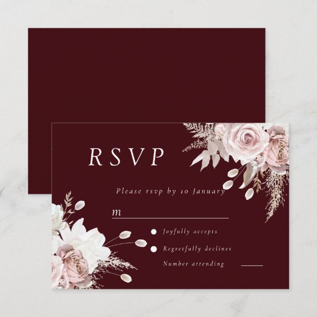 Cartons Réponse Dusty Rose Blush Floral Wedding Deep Burgundy (Devant / Derrière)