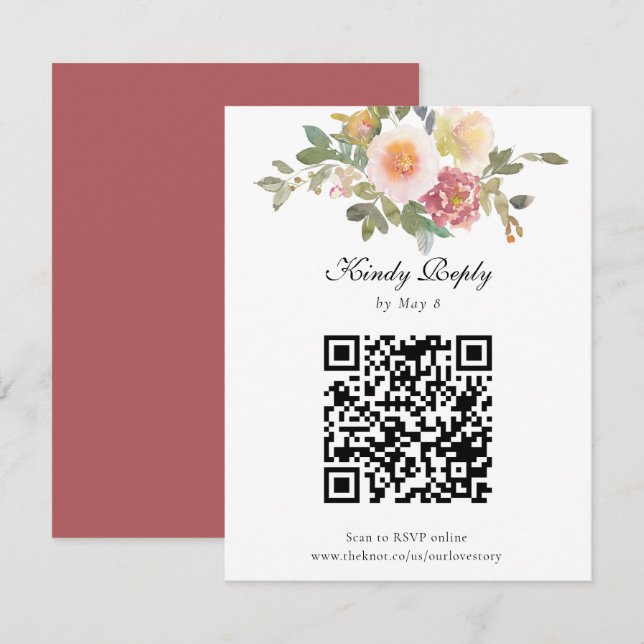 Cartons Réponse Dusty Rose Mariage élégant Floral QR Code en ligne (Devant / Derrière)