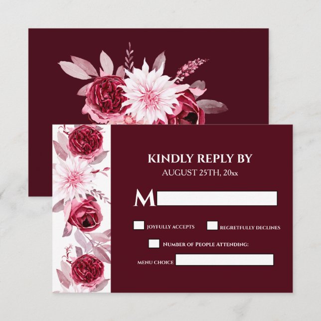 Cartons Réponse Elégant Aquarelle Fleurs Mariage Bourgogne (Devant / Derrière)