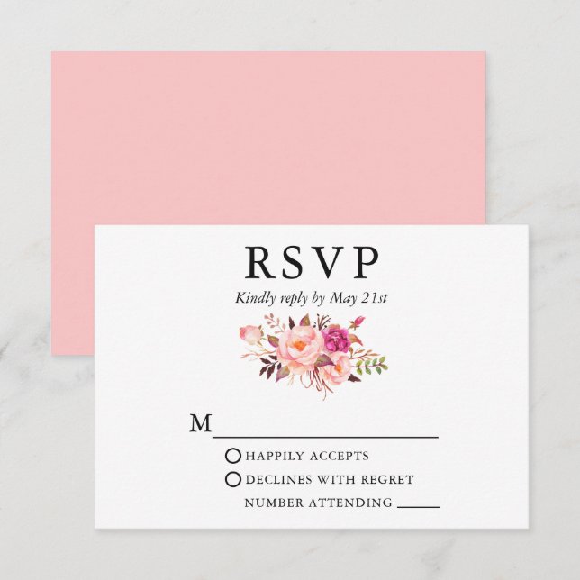 Cartons Réponse Elégant Aquarelle rose Blush Floral Mariage (Devant / Derrière)