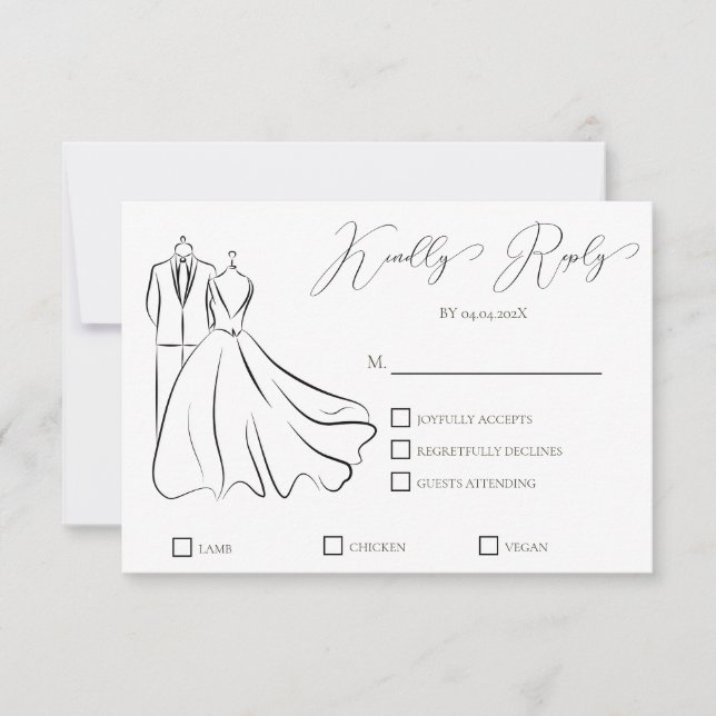 Cartons Réponse Élégant B&W Mariage Tux & Robe Mariage formel (Devant)