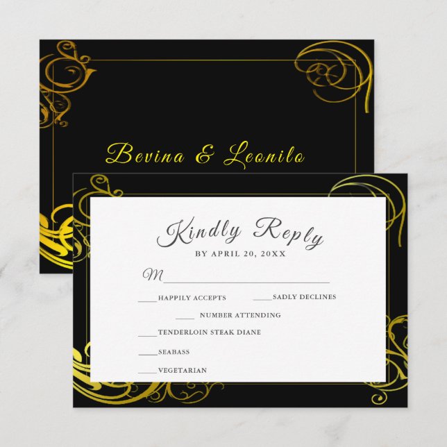 Cartons Réponse Elégant Black Gold Curls Mariage Diner Choice (Devant / Derrière)