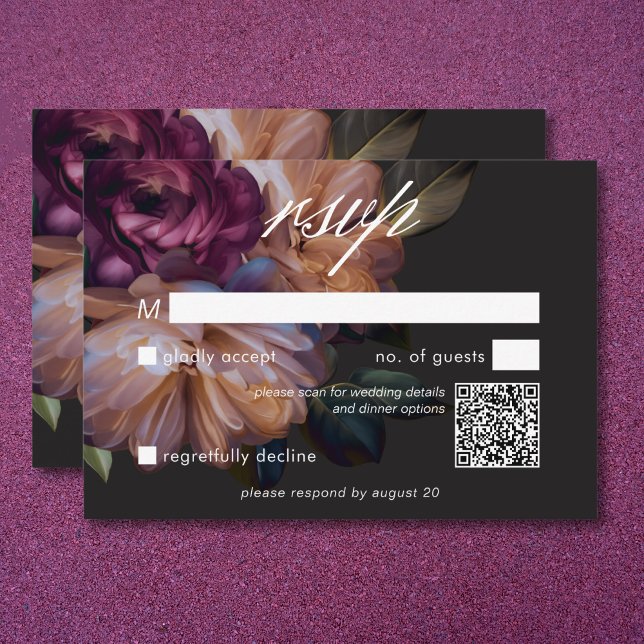 Cartons Réponse Elégant Black Moody Floral Mariage QR Code (Elegant Black Moody Floral Wedding QR Code RSVP Card)