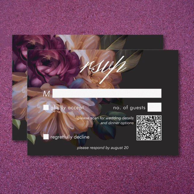 Cartons Réponse Elégant Black Moody Floral Mariage QR Code (Elegant Black Moody Floral Wedding QR Code RSVP Card)