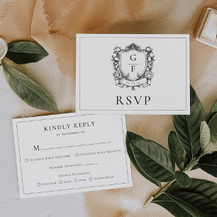 Cartons Réponse Élégant blason monogramme roses françaises mariage