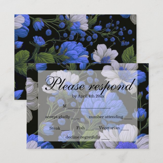 Cartons Réponse Elégant bleu argenté blanc élégant floral rétro (Devant / Derrière)