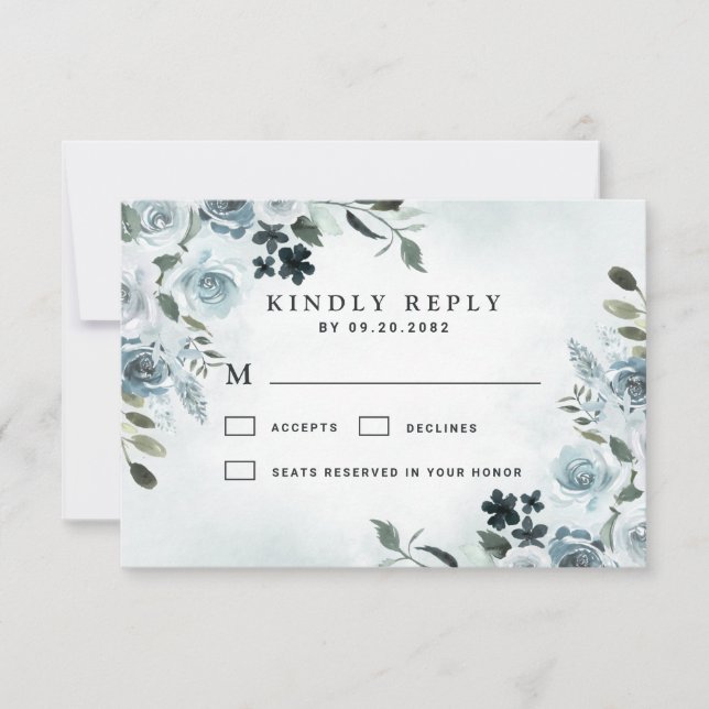 Cartons Réponse Elégant bleu Dusty Floral Aquarelle Mariage Marine (Devant)