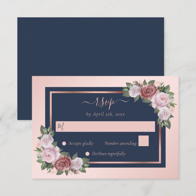 Cartons Réponse Elégant bleu marine Rose or Floral Mariage (Devant / Derrière)