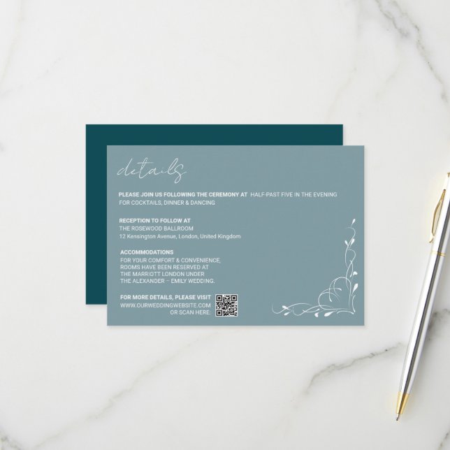 Cartons Réponse Elegant Blue Floral Wedding Details Card (Devant/Arrière en situation)