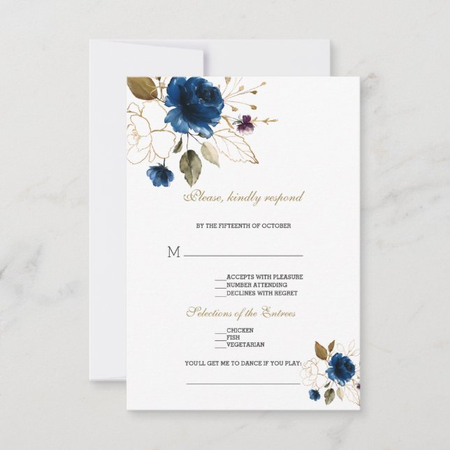 Cartons Réponse Élégant Blue Gold Floral Chanson Demande de Mariag (Devant)