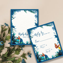 Cartons Réponse Elegant Blue Green Foliage Butterfly Wedding Reply