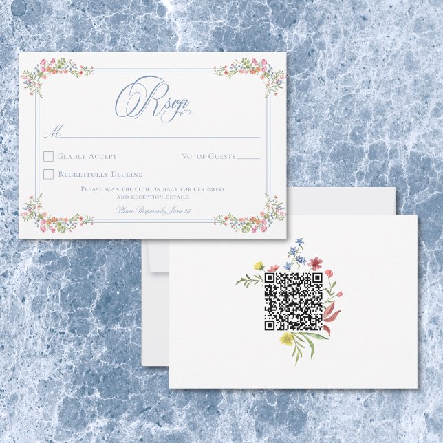 Cartons Réponse Elegant Blue Pastel Wildflower Border Wedding (Elegant Blue Pastel Wildflower Border Wedding RSVP Card)