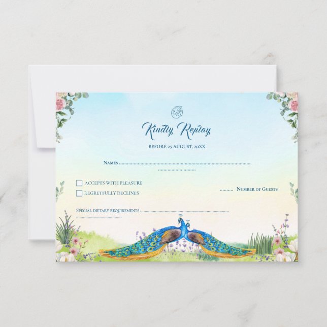 Cartons Réponse Elegant Blue Peacock Floral Indian Wedding Theme (Devant)