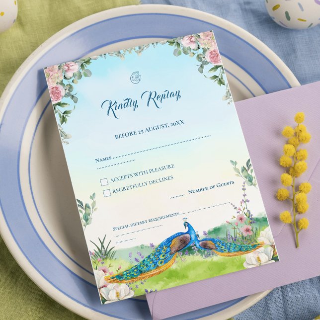 Cartons Réponse Elegant Blue Peacock Floral Wedding Theme (Créateur téléchargé)
