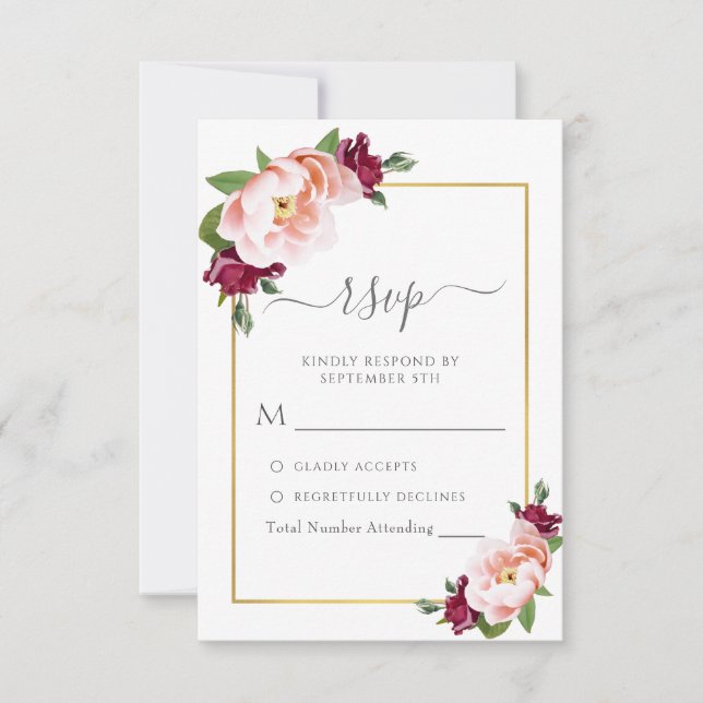 Cartons Réponse Élégant Blush Bourgogne Gold Floral Mariage (Devant)
