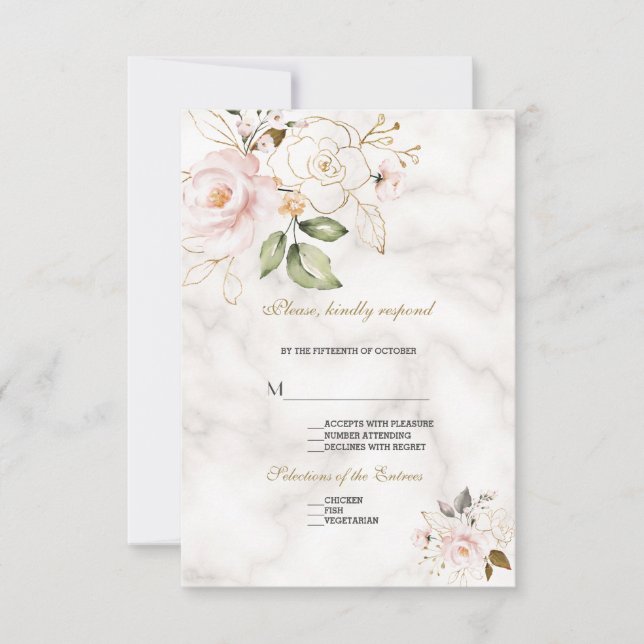 Cartons Réponse Elégant Blush Gold Flowers Monogram Mariage (Devant)