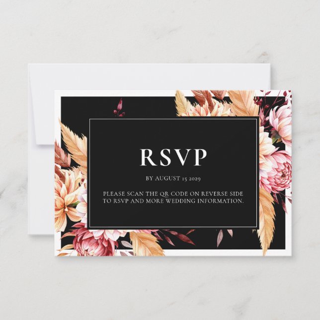 Cartons Réponse Élégant Boho noir Chic Floral Mariage (Devant)