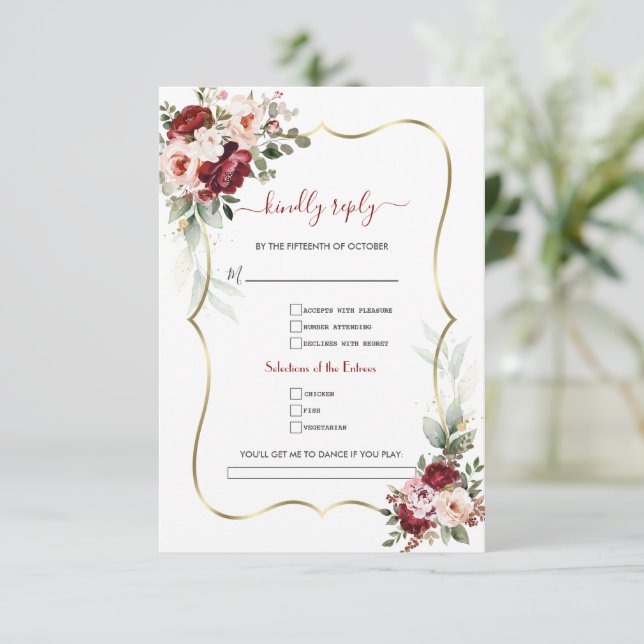 Cartons Réponse Élégant Bourgogne Floral Gold Song Demande Mariage (Debout devant)