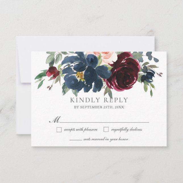 Cartons Réponse Elégant Burgundy Blush Navy Blue Floral Mariage (Devant)