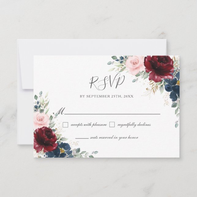 Cartons Réponse Elégant Burgundy Blush Navy Blue Floral Mariage (Devant)