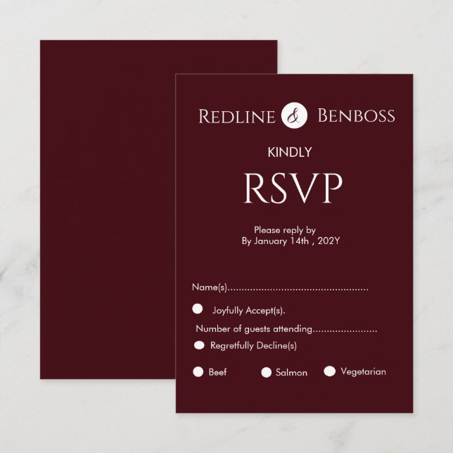 Cartons Réponse Elegant Burgundy Minimalist Wedding  (Devant / Derrière)