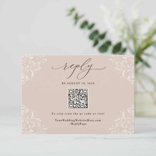 Cartons Réponse Elégant Champagne Tan Neutre Mariage QR Code (Debout devant)
