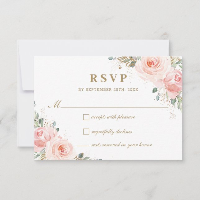 Cartons Réponse Élégant Chic Blush Roses Rose Floral Mariage or (Devant)