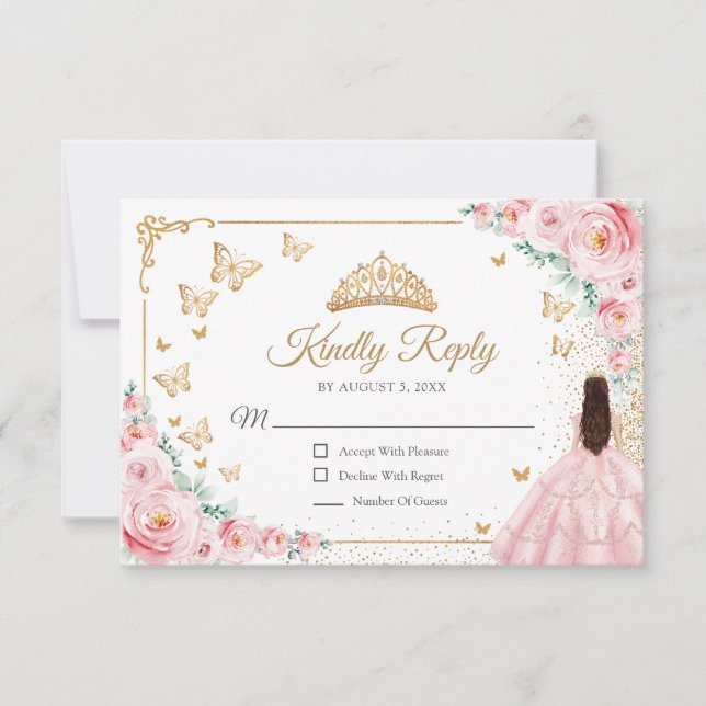 Cartons Réponse Elegant Chic Pink Roses Gold Quinceanera Reply (Devant)