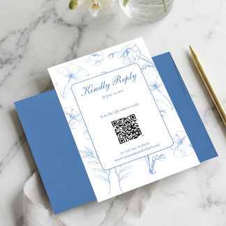 Cartons Réponse Élégant Code QR Art Linéaire Floral Bleu Poussiére