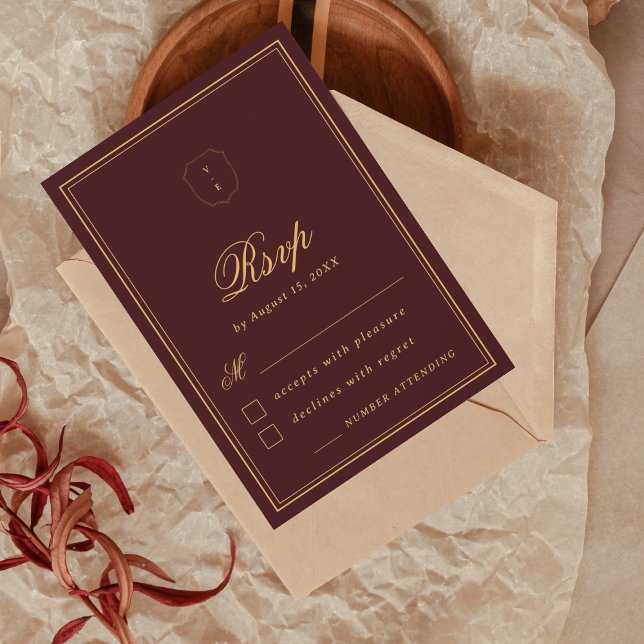 Cartons Réponse Elegant Crest Monogram Burgundy Gold Fall Wedding (Créateur téléchargé)