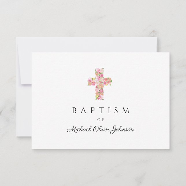 Cartons Réponse Élégant culte floral rose croix Baptême (Dos)