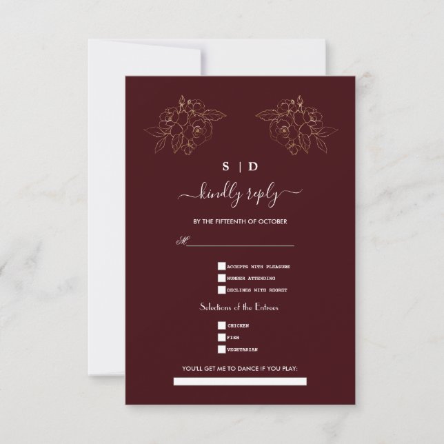 Cartons Réponse Elegant Deep Burgundy Gold Song Request Wedding  (Devant)