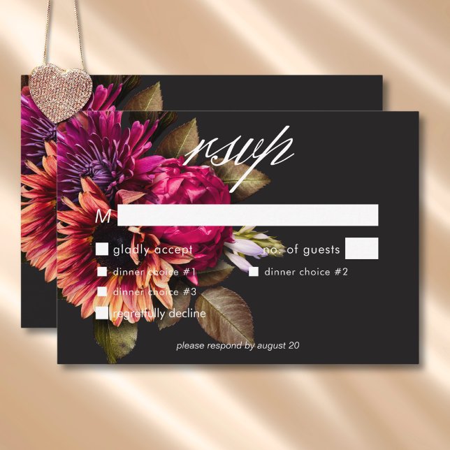 Cartons Réponse Élégant dîner floral Moody Vibrant coucher de sole (Elegant Moody Vibrant Sunset Floral Dinner RSVP Card)