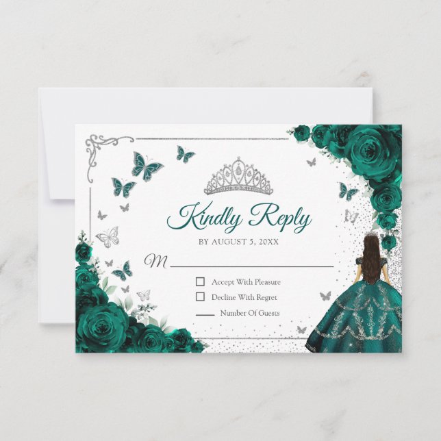 Cartons Réponse Elegant Emerald Green Silver Quinceanera Reply (Devant)