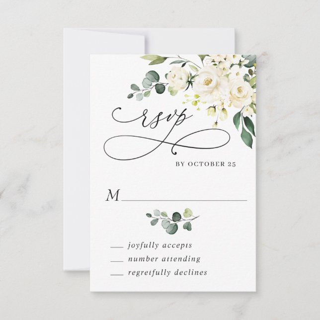 Cartons Réponse Elégant Eucalyptus Roses Blanches Mariage Floral (Devant)