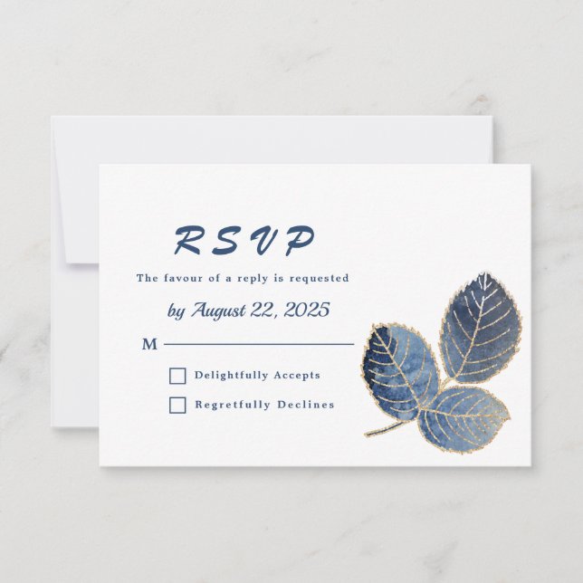 Cartons Réponse Élégant Feuille d'or bleu Mariage botanique (Devant)