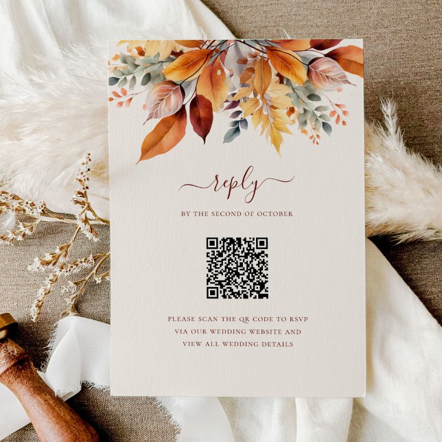 Cartons Réponse Élégant Feuilles Automne QR Code Mariage (Créateur téléchargé)