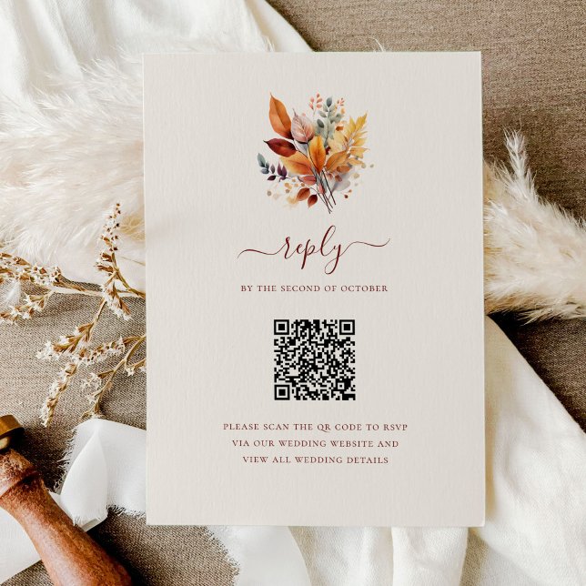 Cartons Réponse Élégant Feuilles Automne QR Code Mariage (Créateur téléchargé)