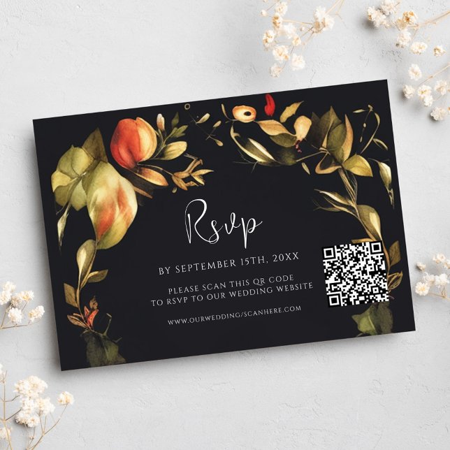 Cartons Réponse Élégant Floral Black QR Code Mariage (Elegant Floral Black QR Code Wedding RSVP Card)
