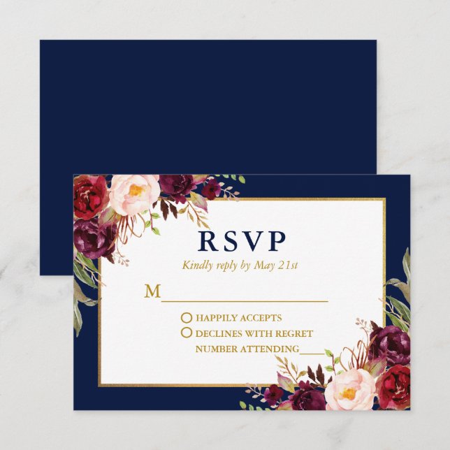 Cartons Réponse Elégant Floral Bourgogne Mariage Blue Gold (Devant / Derrière)
