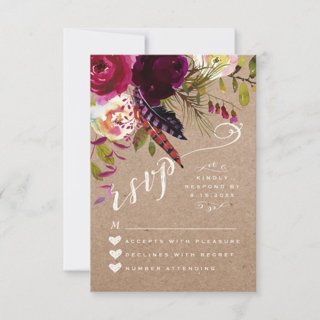 Cartons réponse | Élégant Floral Rustic Boho Rose  (Devant)